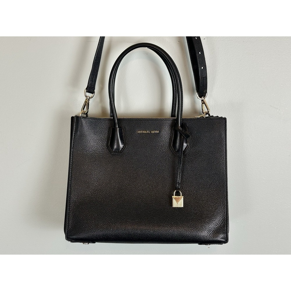 Michael Kors Black Leather Satchel Handbag with Gold Hardware & Crossbody Strap